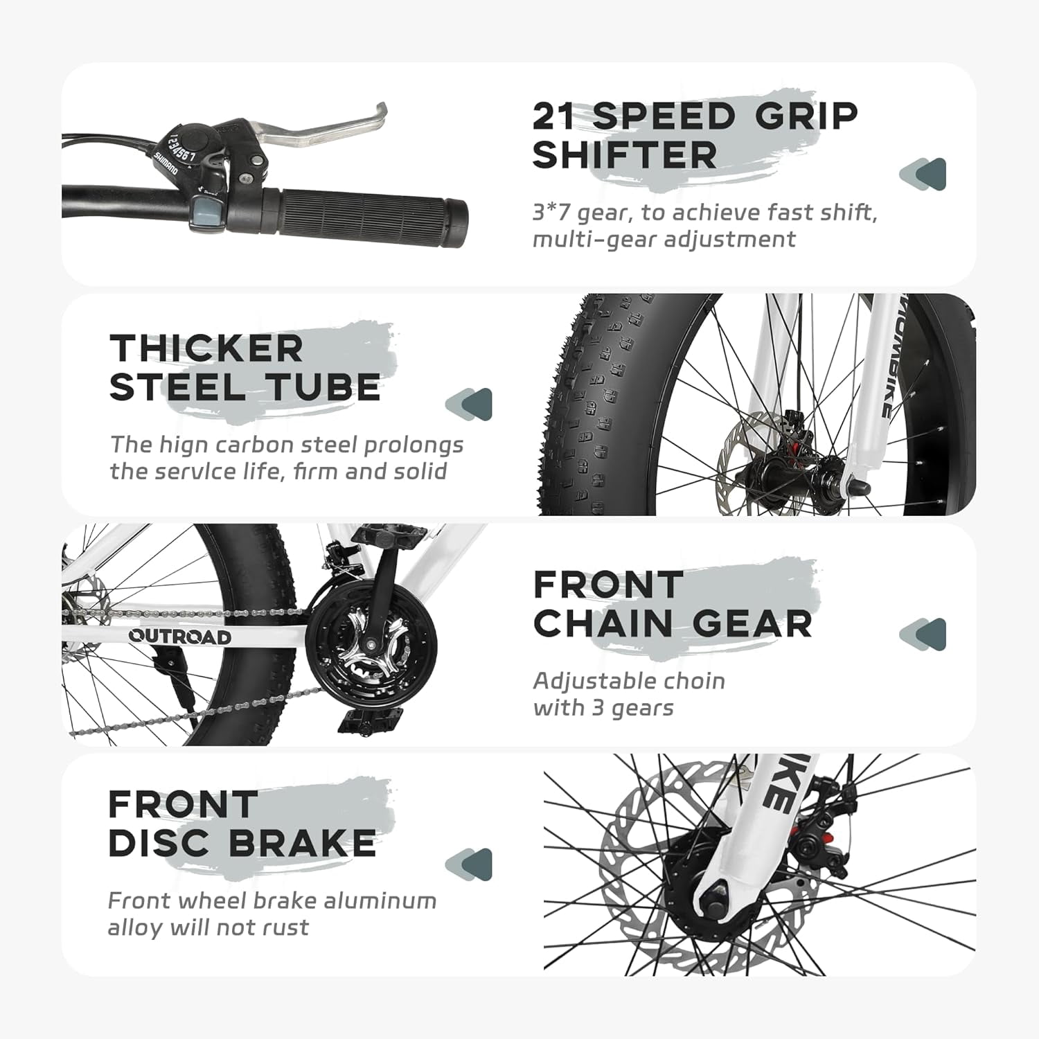 Marknig Fat Tire Mountain Bike with 26 inch Wheels, 21 Speed Bicycle with High Carbon Steel Frame, Double Disc Brake and Front Suspension Anti-Slip for Adult,White