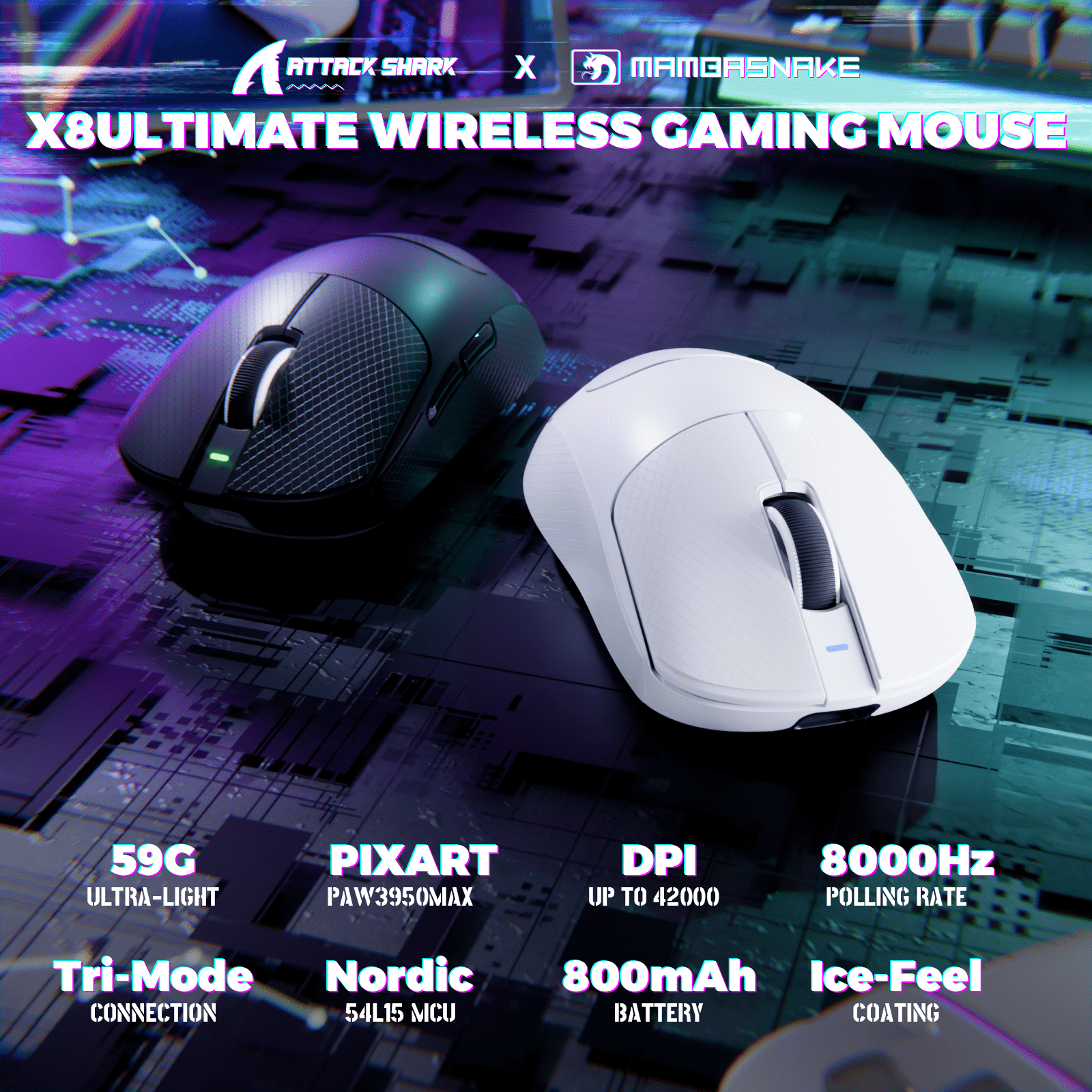 ATTACK SHARK X8 Ultimate Wireless Gaming Mouse,55g Ultra-Lightweight BT/2.4GHz Wirelss/Wired Mouse,8K Polling Rate,PixArt PAW3950MAX Sensor,42000 DPI,800mAh Battery,Gamer Mice for PC/Win/Mac