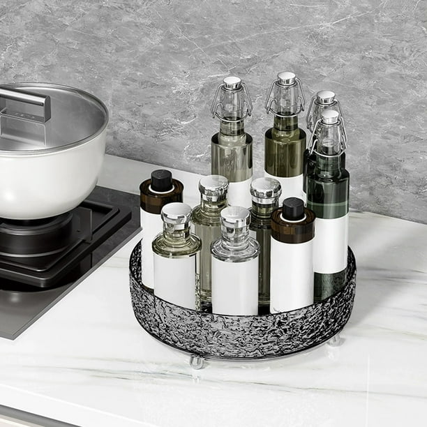 Organizador giratorio de cocina | Bandeja giratoria de plástico de 360° | Estante para especias y condimentos de gran capacidad, color gris transparente | Armario multiusos para despensa,