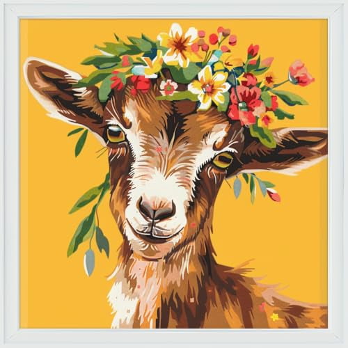 Cute Brown Goat with A Floral Wreath DIY 11CT Stamped Cross Stitch Kits for Beginners Easy Needlepoint Embroidery Counted Cross Stitch Art Craft for Wall Decoration 14x14inch(3)