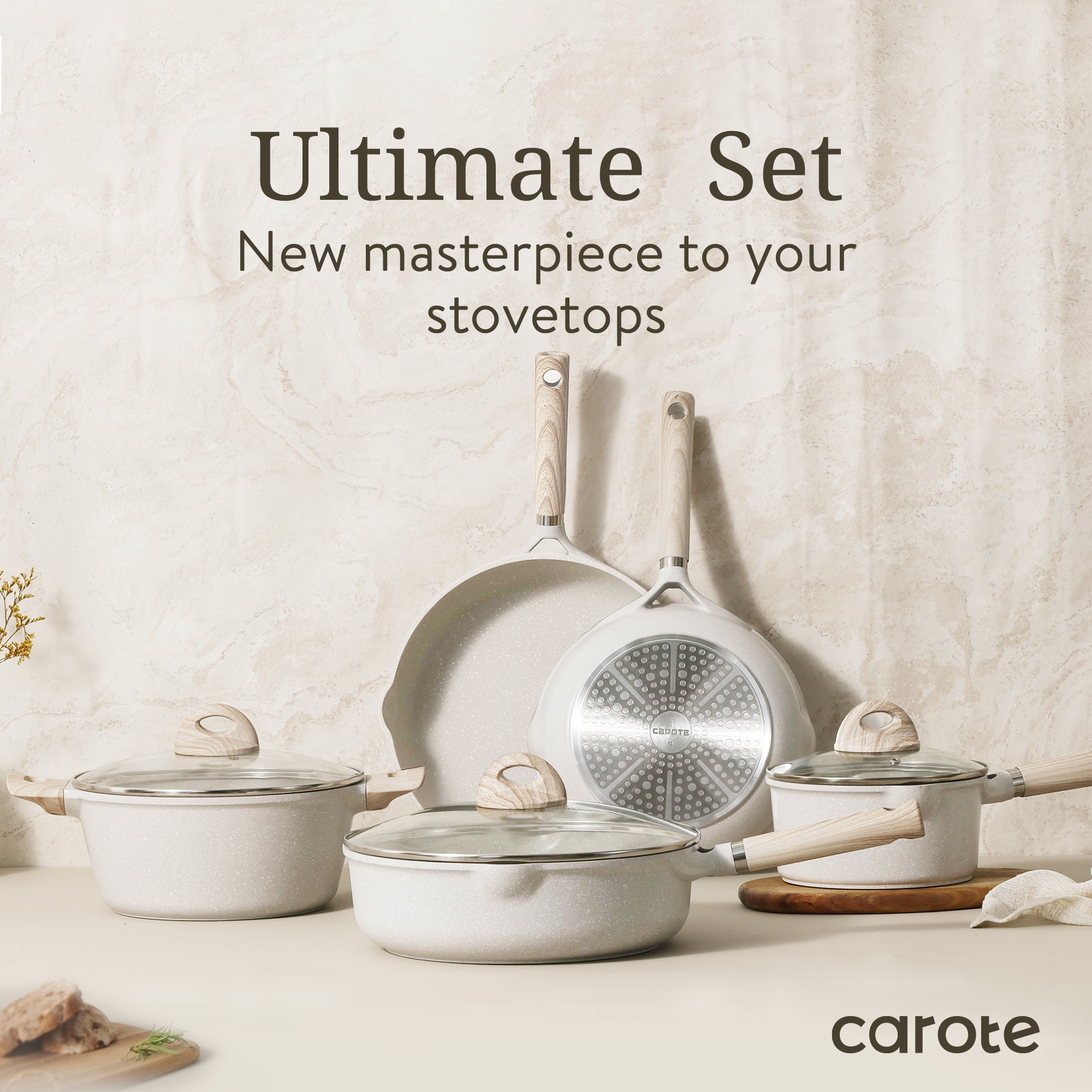 Carote Nonstick Pots and Pans Set, 8 Pcs Induction Kitchen Cookware Sets (Beige Granite) - image 4 of 8
