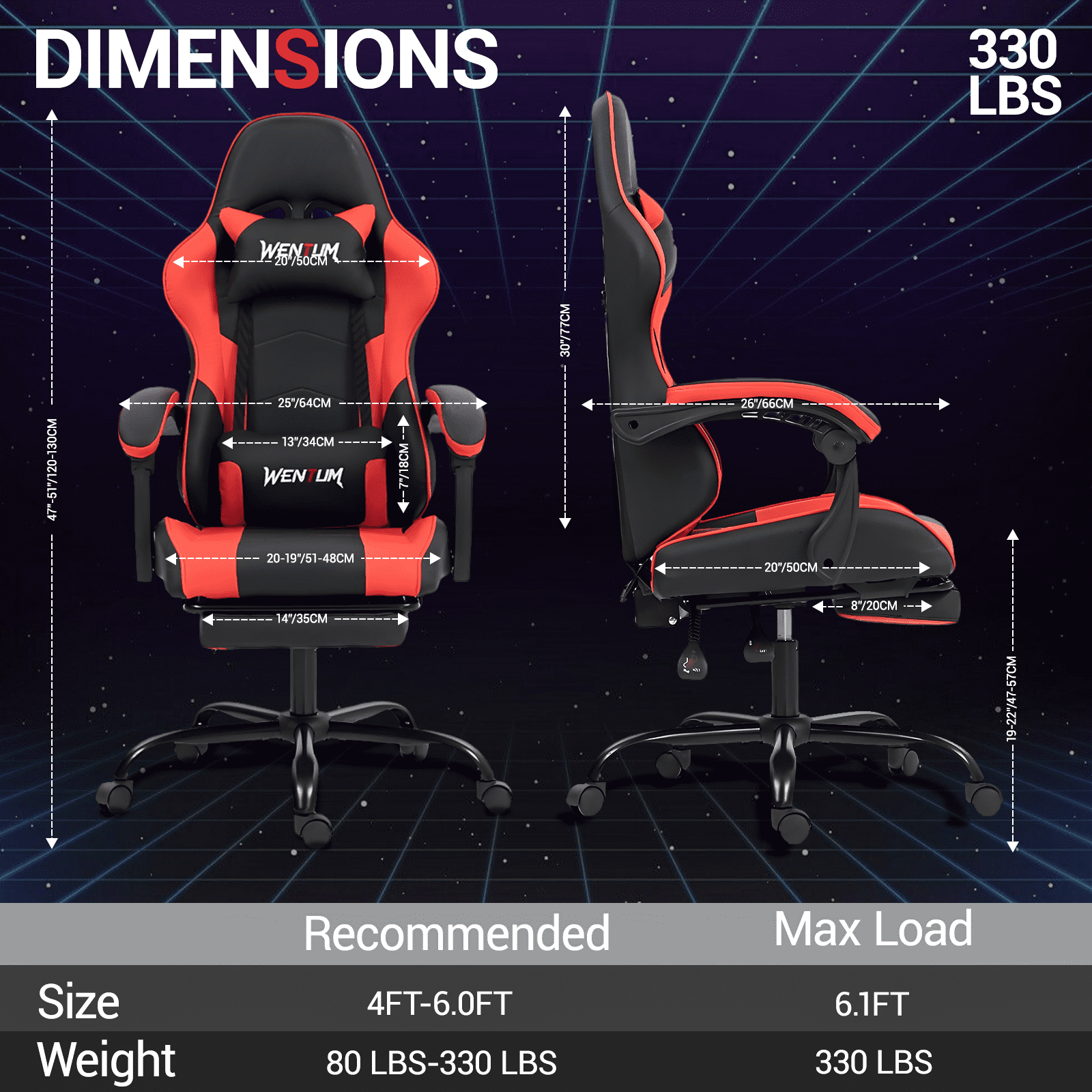 WENTUM Ergonomic Reclining Gaming Chair with Linkage Armrests & Footrest, Racing Office Chair, PU Leather Computer Desk Chair, Red