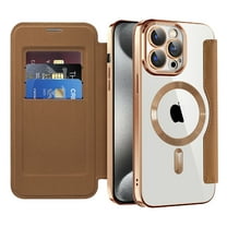 Cutyskin for iPhone 15 Pro Max Flip Wallet Case, Built-in Camera Lens Protector [Compatible with MagSafe] Plating Transparent Business PU Leather RFID Blocking Credit Card Slots Phone Case,Brown