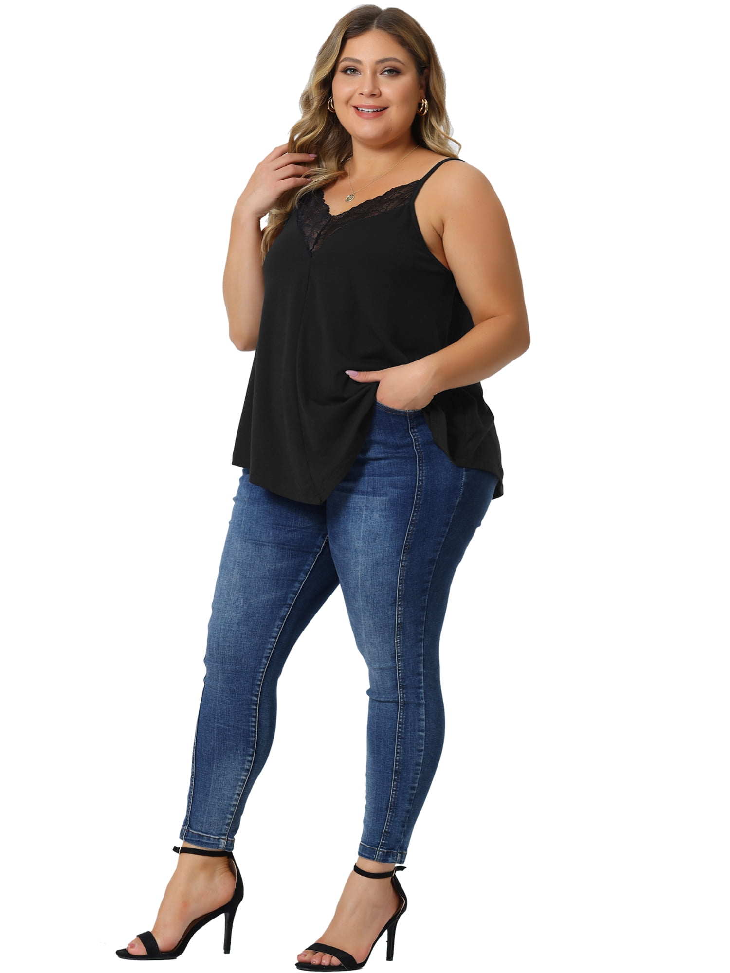 DARING DIVA Women's Plus Casual V-Neck Cami Tank Lace Front Sleeveless Tops L Black