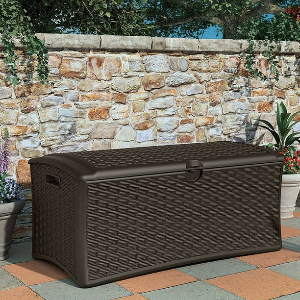 Suncast 72 Gallon Resin Wicker Outdoor Patio Storage Deck Box, Brown