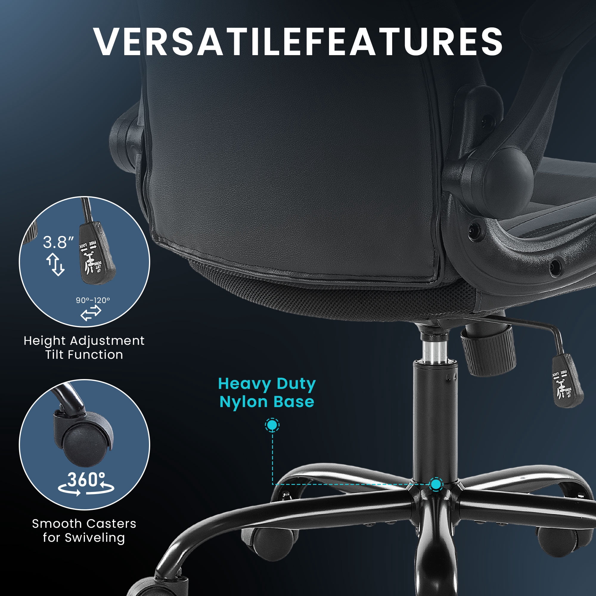 JONPONY Ergonomic Gaming Desk Chair - Adjustable PU Leather Swivel Racing Chair with Flip-up Armrests for Home Office and Entertainment, Perfect for Adults, Kids, and Gamers, Black Grey