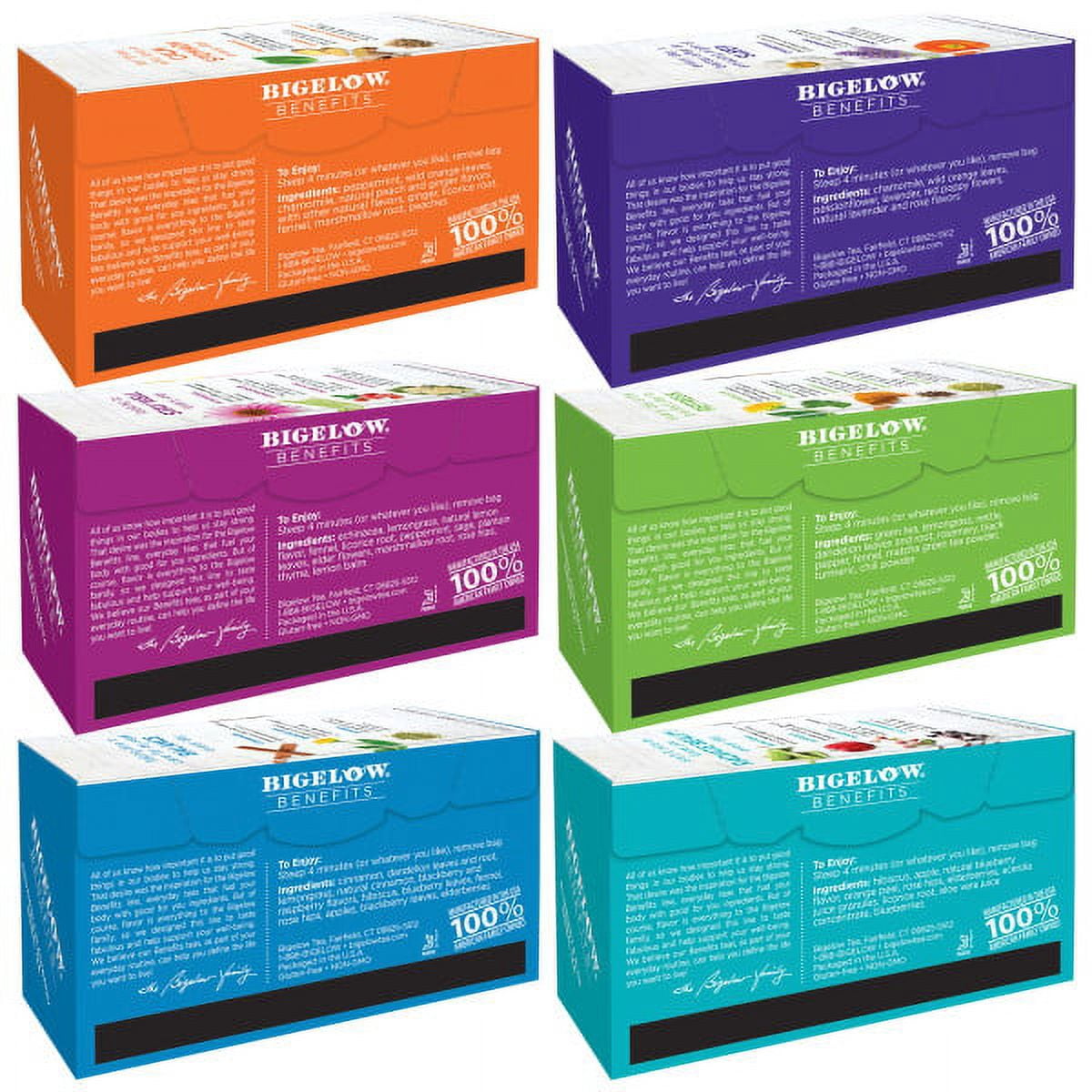 Bigelow Benefits Tea Variety Pack, Tea Bags, 18 Count (6 packs of 18)