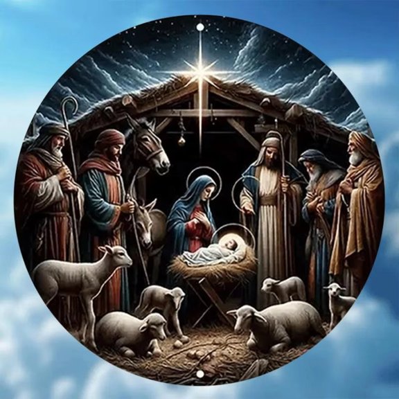 HELLOYOUNG Metal Wall Art Vintage Christmas Round 8 Inch Reusable Jesus Nativity Scene Sign Manger Wall Decor for Home Bar Cafe Holiday Gift