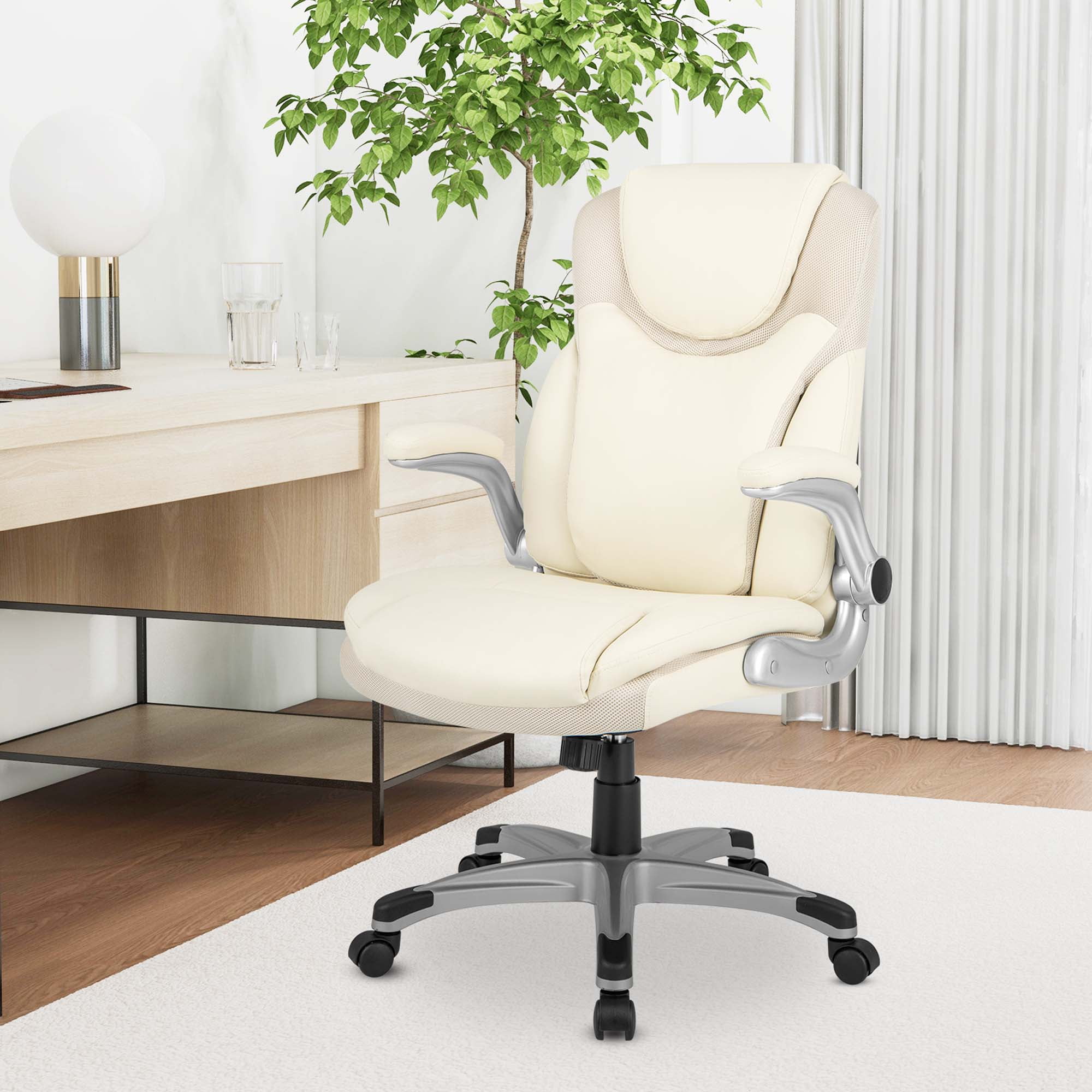 Costway PU Leather Swivel Office Desk Chair with Flip Up Armrest, Beige