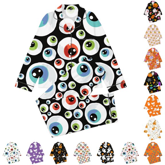 Hienoo Halloween Graphic Pajama Set For Girls Long Sleeve Buttons Shirts Pants Pajamas 3-14 Years
