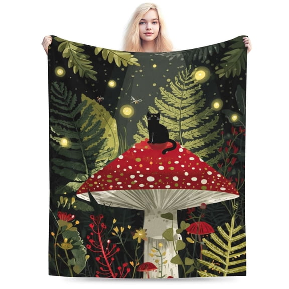 Cottagecore Mushroom & Black Cat Throw Blanket, Red Fly Agaric Forest Art, Whimsical Nature Home Decor 50x40