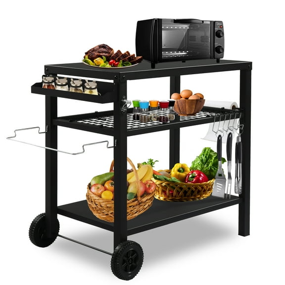 Ktaxon Grill Cart Grill Table Movable Dining Cart Preparation Work Table w/ Wheels & Hooks, Black