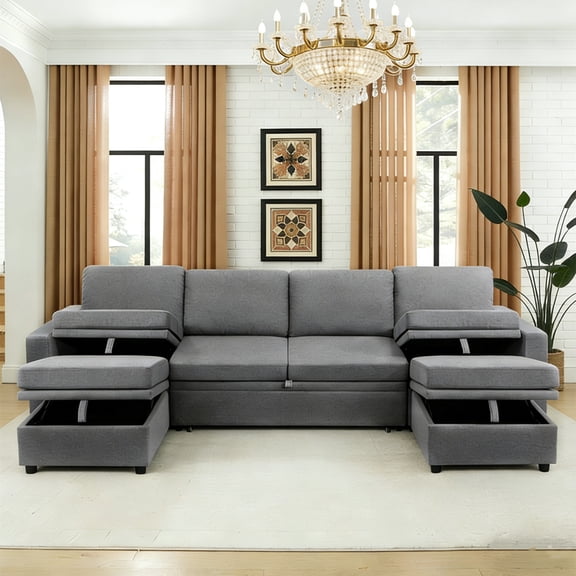 Aukfa 100" U-Shape Storage Sectional Sofa Convertible Sofa Bed for Living Room, 2 Ottoman&Pillows, Linen, Gray