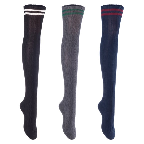 3 Pairs Awesome Women Thigh High Cotton Boot Socks. Durable Knee High Socks, Perfect As Winter & Spring Socks Size 6-9 Black, Dark Grey, Navy T1023-3c9