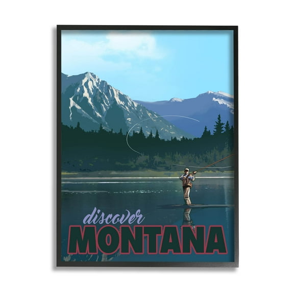 Discover Montana Lake Fishing Scene Landscape Graphic Art Black Framed Art Print Wall Art