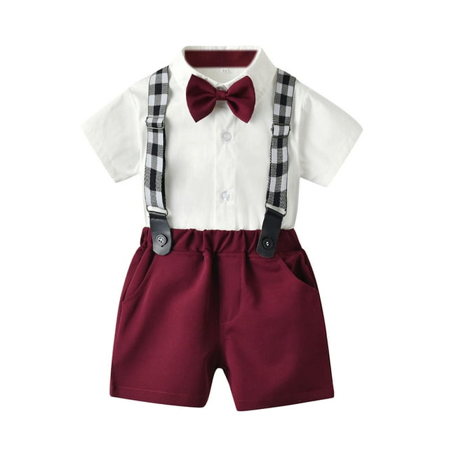 Hiiyo Ensemble 3 Pcs Chemise à Manches Courtes et Bretelles pour Garçons, Taille 6M-4T