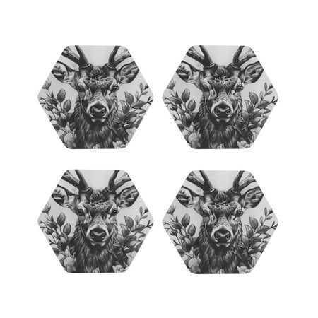 

Matuu Monochrome Deer Floral for Cup Coasters Set of 4 Leather Coasters Desk Coasters for Office Measures 4” x 4”-Hexagon
