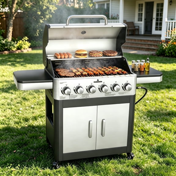 6-Burner Propane Gas Grill with 60000 BTU, Heavy Duty Cast Iron Cooking Grates Stainless Steel Warming Rack and Side Tables, BBQ Grill for Outdoor Backyard Cooking and Patio Parties, Black