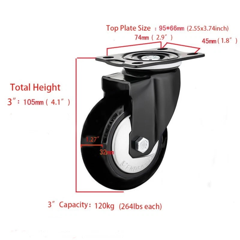 Hex Autoparts 4 Pack 3" Polyurethane Caster Wheels Locking Casters with Brake Swivel Plate
