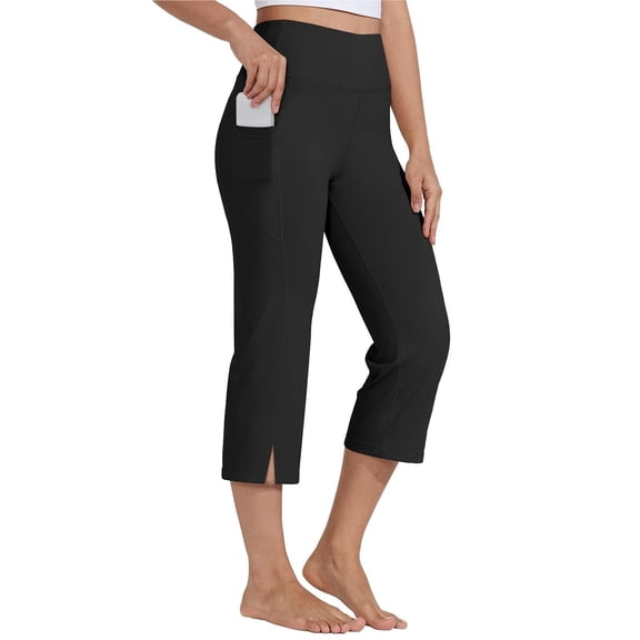 Vivianyn HD Women's Split Hem Capri Yoga Pants with Pockets, High Waist Stretch Trousers,Black,Size S-XXL