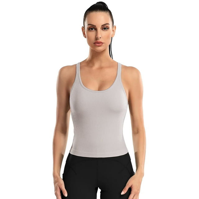 Charmo Women's Scoop Neck Ribbed Tank Tops Slim Straps Cropped Tops Built in Bra