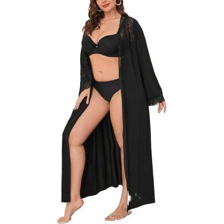 

Deep V Neck Robes Long Sleeve Black Plus Robes & Robe Sets (Women s)