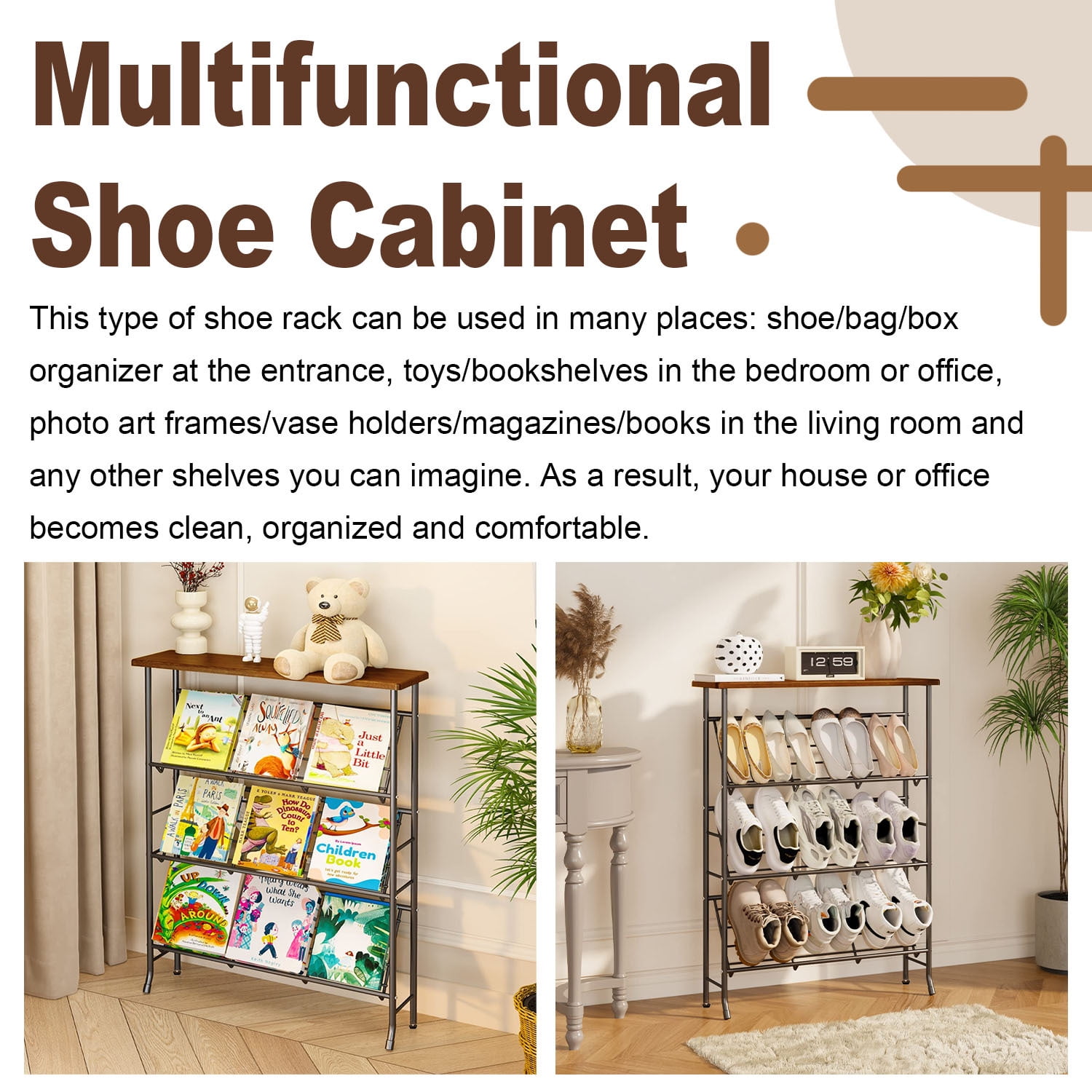 Luniquz 4-Tier Shoe Rack Organizer for Closet Entryway,Metal Iron Shoes Organizer with Wood Top ,Stackable Shoe Shelf for Doorway
