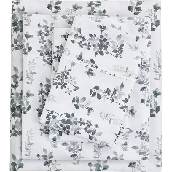 czcpp-Cozy Vintage Microfiber Printed Full Sheet Set - Soft Breathable Percale Cotton Floral Bed Sheets with Deep Pocket - Non-Slip Fitted Design - Gradient Grey Small Flowers Pattern