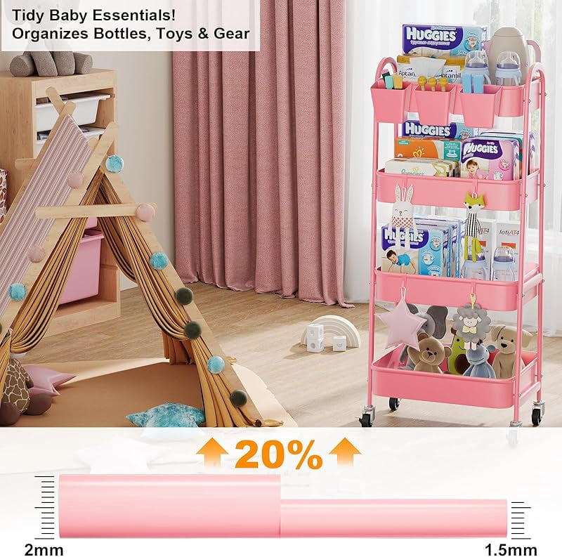 3 Tier Green Metal Rolling Cart with Lockable Wheels and Handle, 3 Tiered Utility Storage Organizer Carts for Teachers, Arts, Craft, Snack, Book, Bedside, Nursery, Cleaning Supplies, Easy Assembly