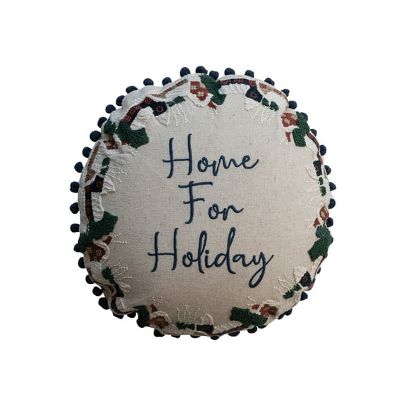 Creative Co-Op Round Cotton and Linen Pillow with Embroidered Houses Pattern, Pom Pom Trim and Chambray Back "Home For Holiday", Multicolor