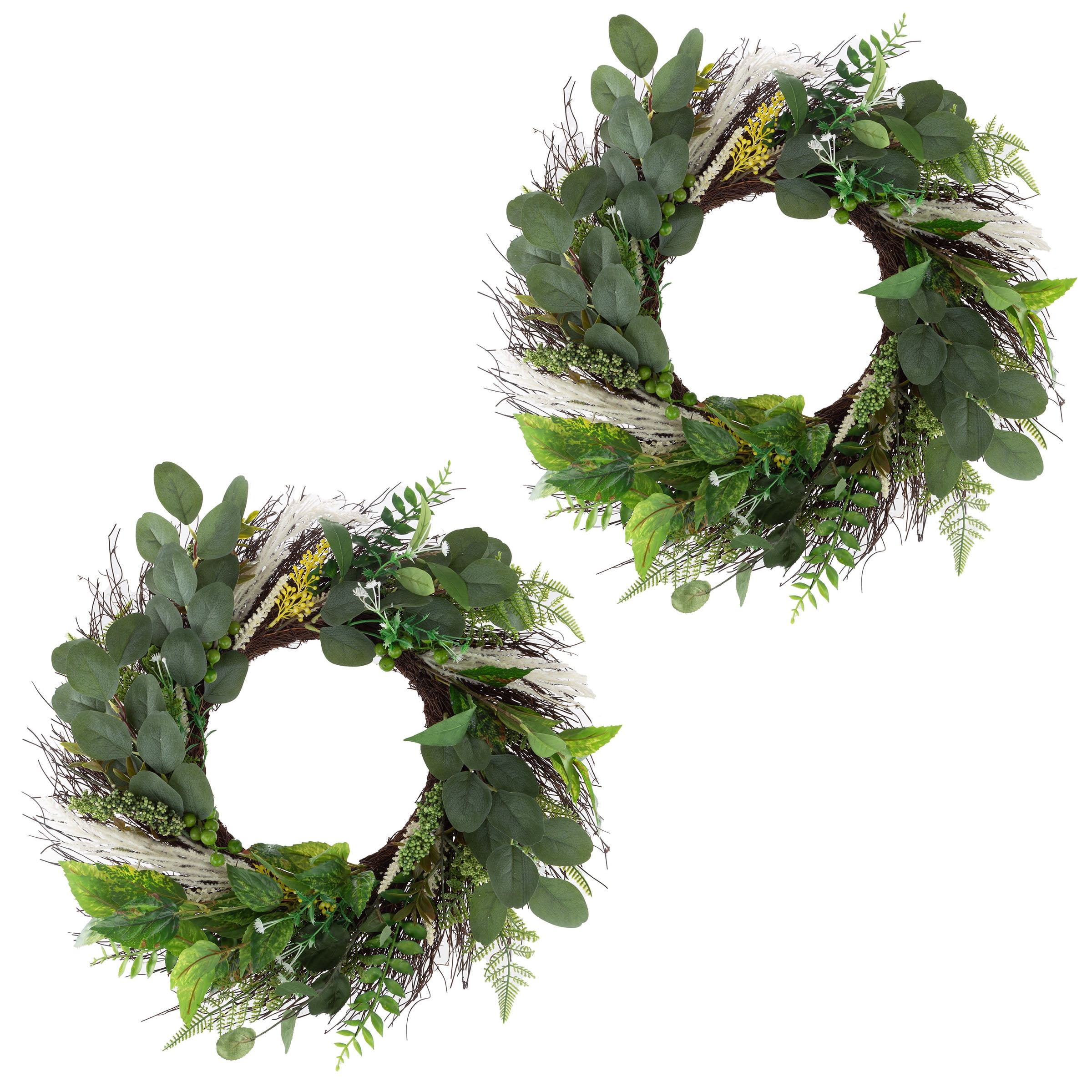 Pure Garden Set of Two 22-Inch Artificial Sweet Anne Eucalyptus Wreaths
