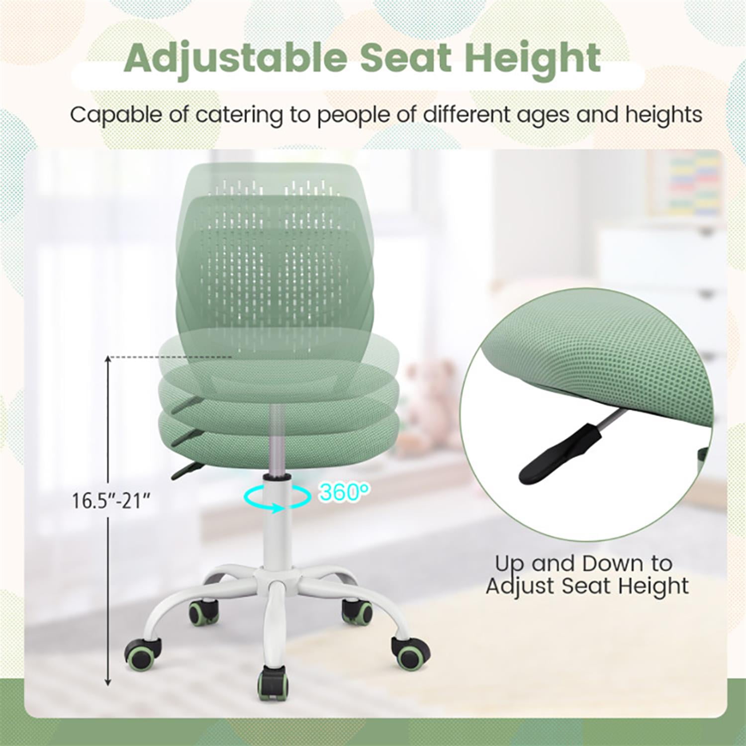 Demi Bonn Ergonomic Study Chair, Computer Desk Chairs with Adjustable Height, Suitable for Home Office, Green