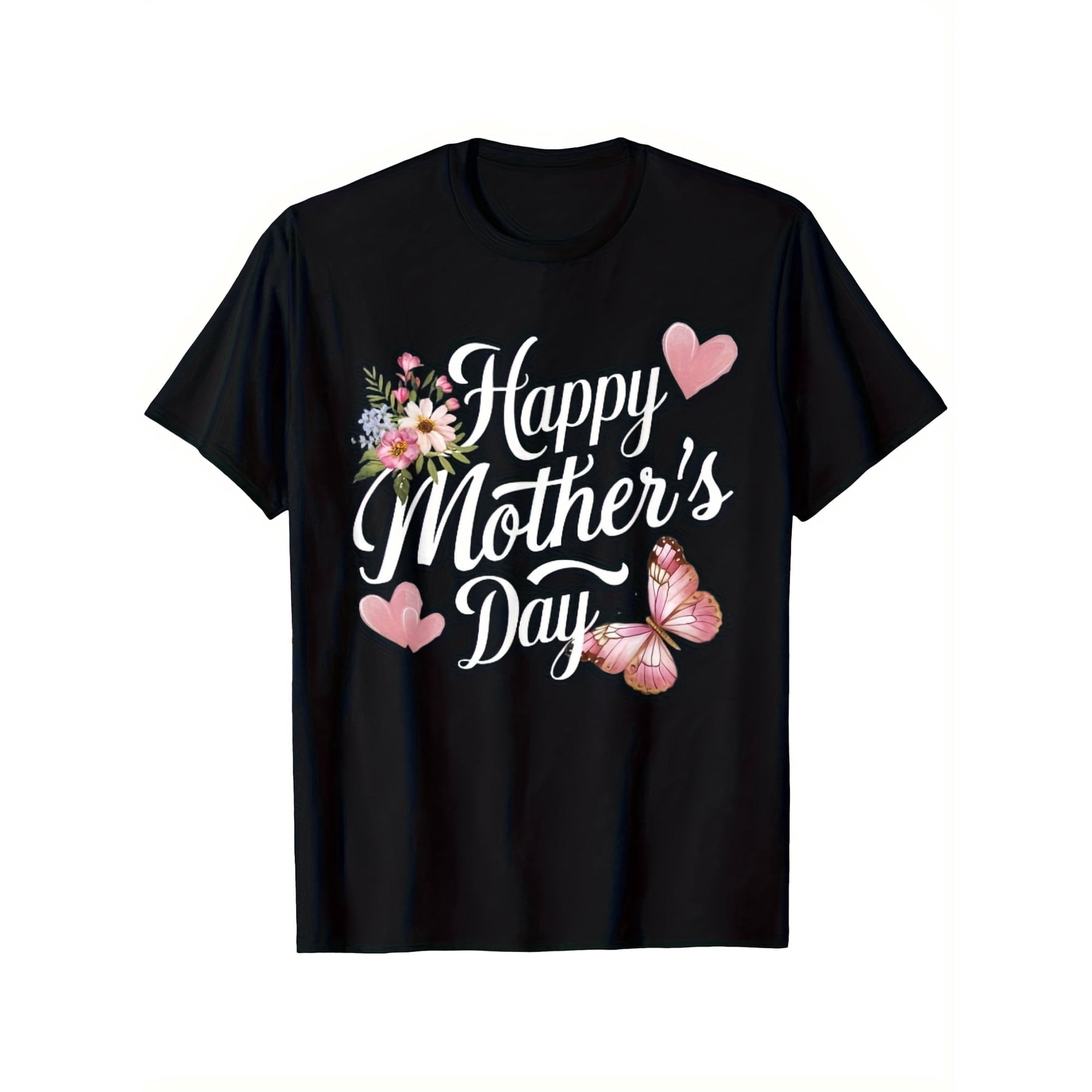 Happy Mother's Day Floral Butterfly Heart Graphic T-Shirt for Women, Special Mom Gift Tee, Festive Love Apparel