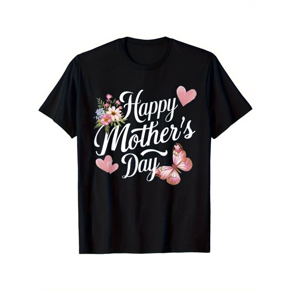 Happy Mother's Day Floral Butterfly Heart Graphic T-Shirt for Women, Special Mom Gift Tee, Festive Love Apparel
