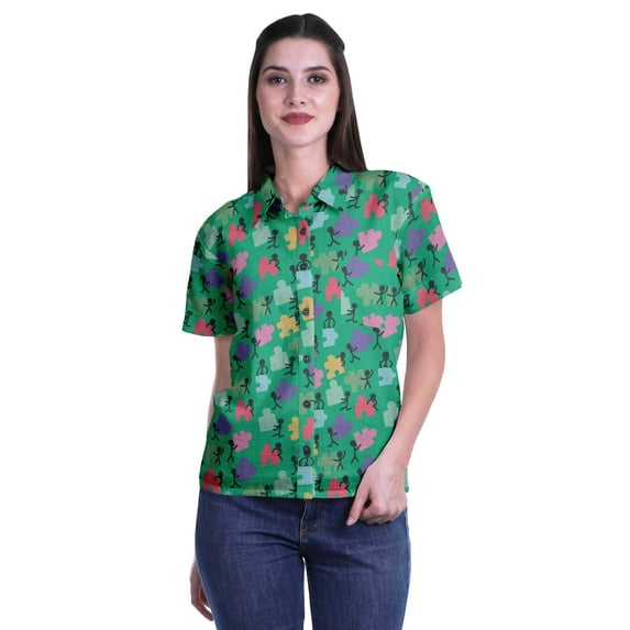 Moomaya Printed Half Sleeve Shirt For Women Button Down Collar Casual Top