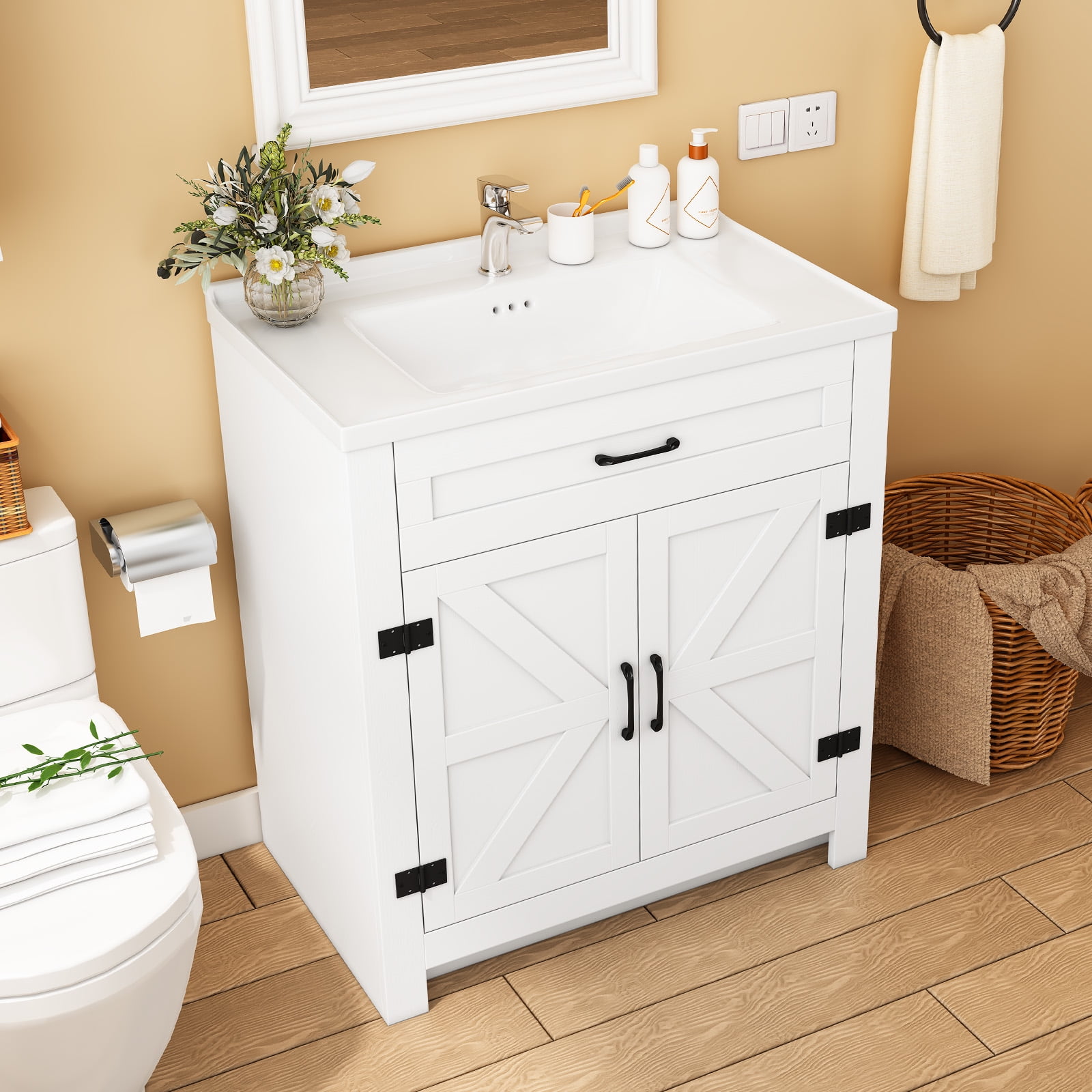 Yamissi 24" Freestanding Bathroom Vanity with Ceramic Sink, Storage Cabinet with 2 Soft Closing Doors, Modern White