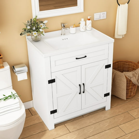31'' Bathroom Vanity with Ceramic Sink Combo, Abundant Storage Cabinet, White