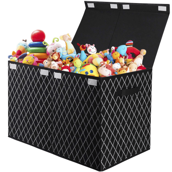 Toy Chest Box Storage Bins for Boys Girls, Kids Large Collapsible Sturdy Container Organizer with Fabric Flip-Top Lid & Handles for Clothes, Blanket, Nursery, Playroom, Bedroom 24.5x13x16 (Black)