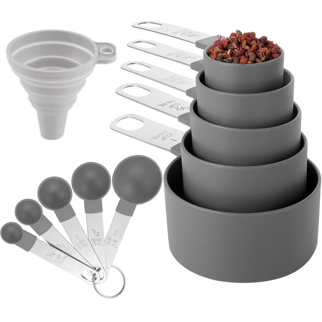 Juego de tazas y cucharas medidoras de utensilios de cocina Huygens, 10 piezas, tazas medidoras apilables con mango de acero inoxidable para medir ingredientes secos y líquidos (gris)