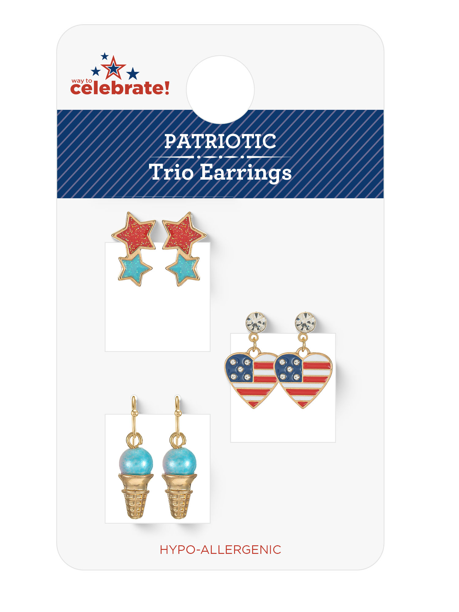 Way to Celebrate Americana Patriotic Star, Heart, and Ice Cream Earring Trio