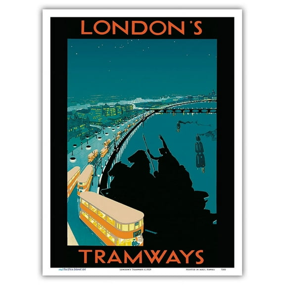 London’s Tramways - Boadicea and Her Daughters Statue - Vintage Railroad Travel Poster c.1929 - Master Art Print (Unframed) 9in x 12in