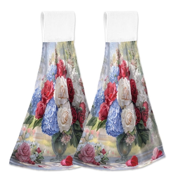 BZSMCE Hanging Hand Towels Fashion Vibrant Floral Bouquet Pattern 2-Pack - Velcro Style Bathroom Kitchen Towels