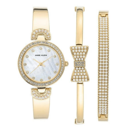 Anne Klein Ladies Mother of Pearl Crystal Dial Ladies Watch Jewelry Set AK/3466GPST