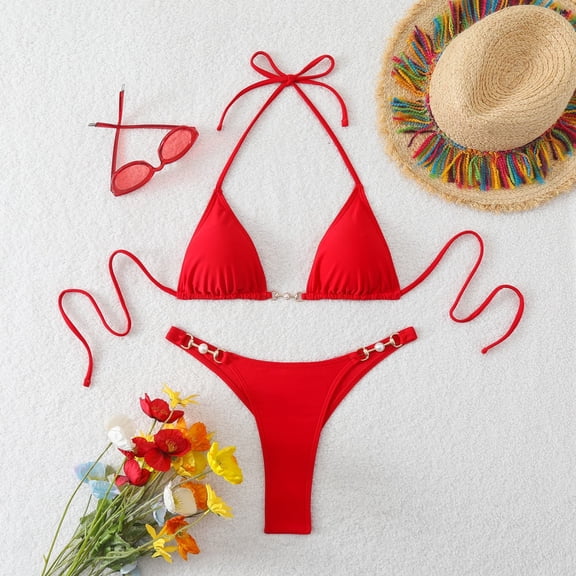 QUNYINEY High Waisted Bikinis for Women Halter Red Triangle 2 Piece Bathing Suits Push Up Tummy Control Womn Swimsuit Sets