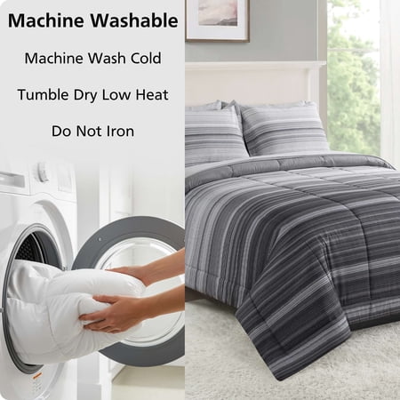 MAINSTAYS ALL IN ONE REVERSIBLE COMFORTER AND SHEET SET, 7-PIECE, FULL, GRAY STRIPE