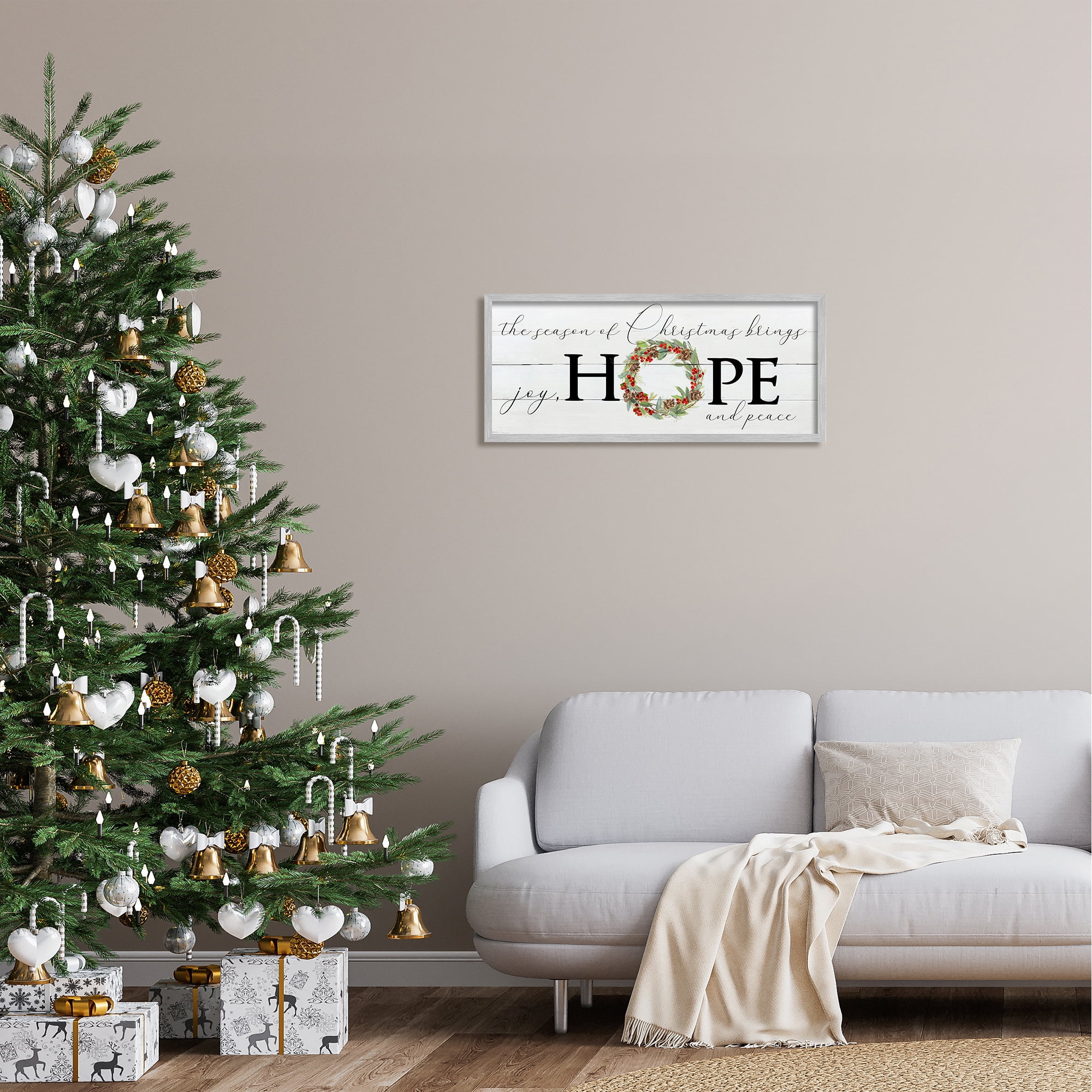 Stupell Industries Joy Hope & Peace Christmas Wreath Holiday Painting Gray Framed Art Print Wall Art