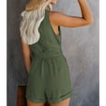 thumbnail image 4 of Short Women Summer Romper V Neck Waist Belted Button Front Sleeveless Pure Color Jumpsuits, 4 of 6