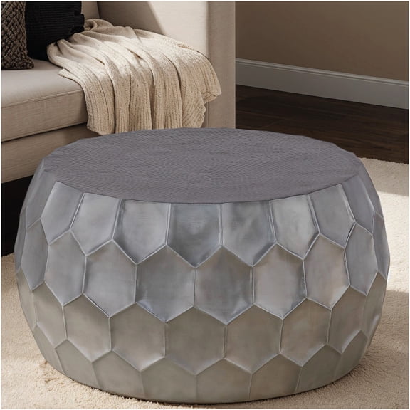 JERFIT 32 Inch Round Coffee Table, Modern Farmhouse Drum End Table with Hexagon Base, Antique Silver Aluminum Center Table for Living Room