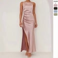 thumbnail image 2 of Olive Green Satin Slip Dress With Side Slit, Ruched Waist, Sleeveless Maxi Evening Gown, 2 of 8