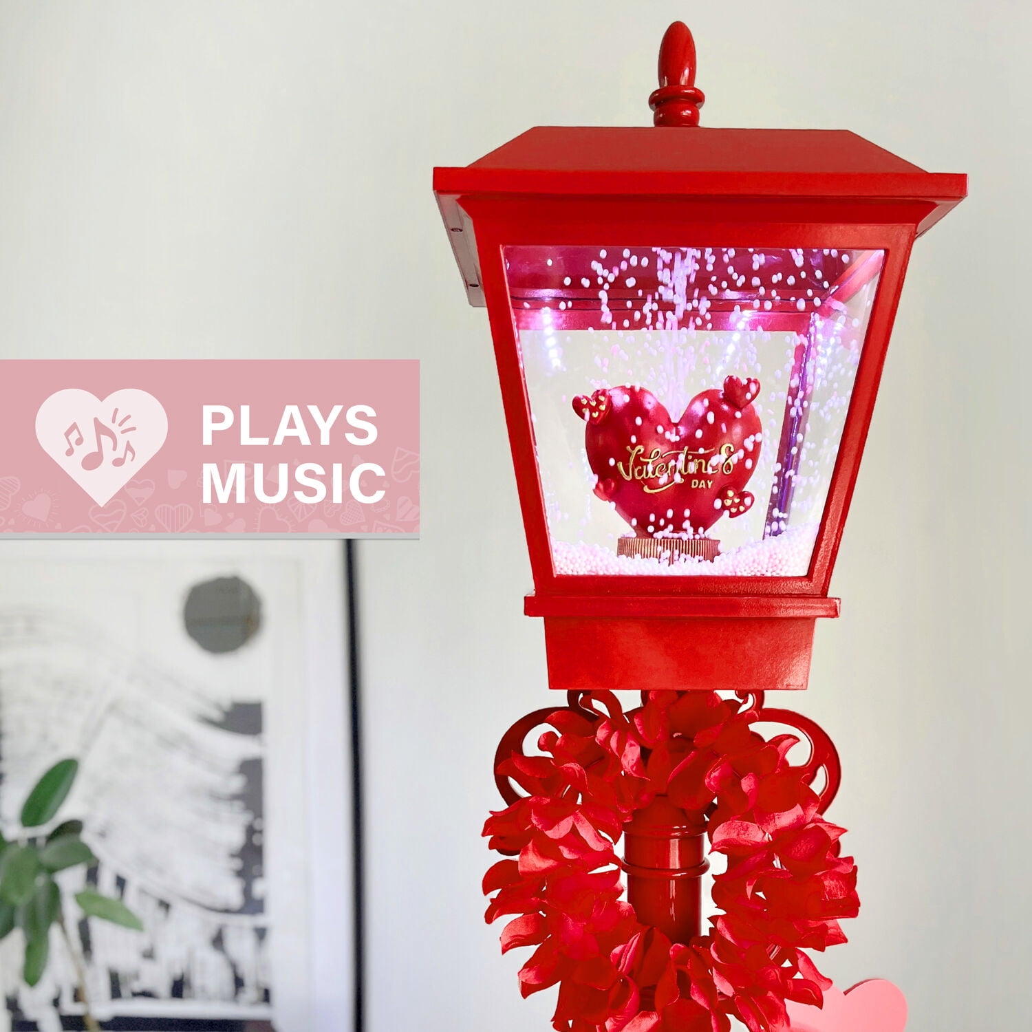 Fraser Hill Farm 5.8 ft  Musical Snowy Valentine's Day Street Lamp Lantern, FSLHEART071A-RD